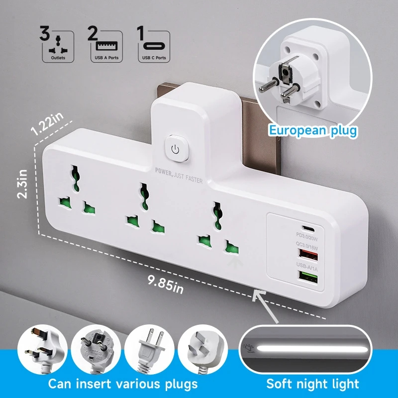 محول طاقة عالمي مع منفذ USB Type-C ومرشح شبكة